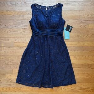 Melrose Social Floral Sequin Lace Overlay Sleeveless Midi Dress - Midnight Blue